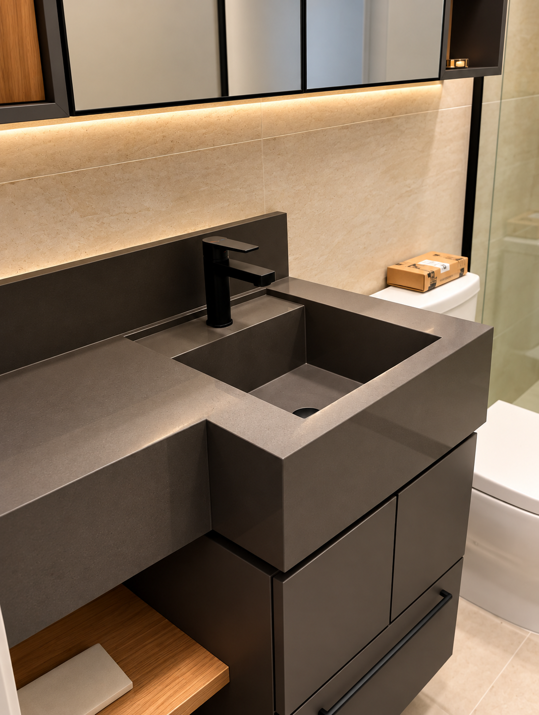 Lavabo Contemporâneo em Quartzo Escuro